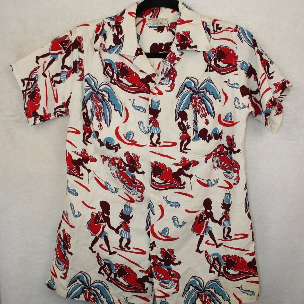 RARE 1950s Vintage Moygashel Pure Irish Fabric Linen Button Down African Fishing
